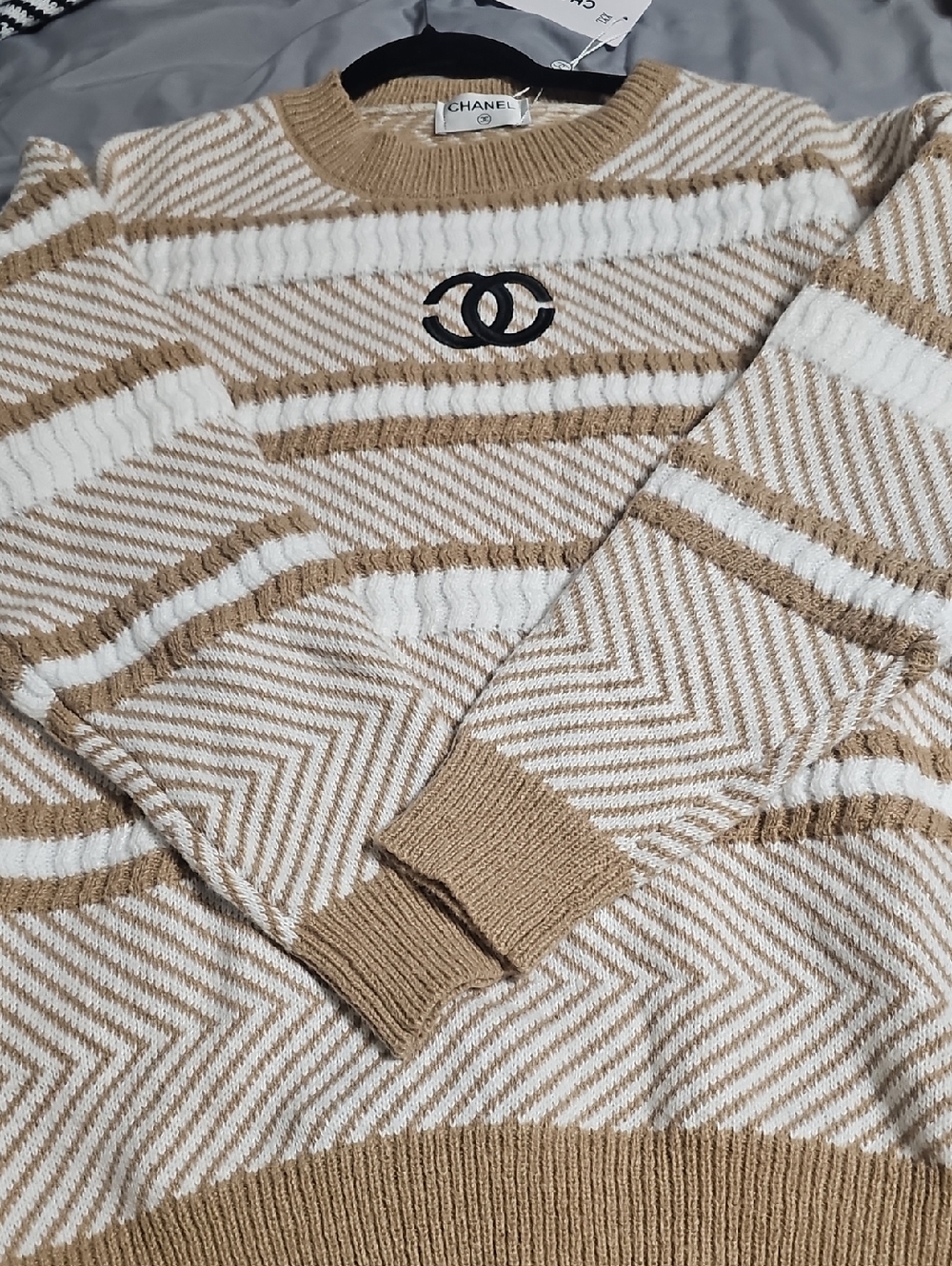 Beige & White Striped Knit Sweater with Logo